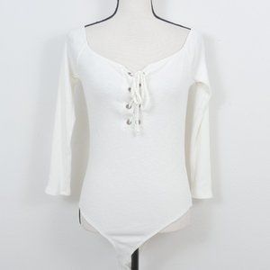 Fashion Nova Ivory Long Sleeve Thong Back Lace Up Tie Bust S 1X Thong Bodysuit